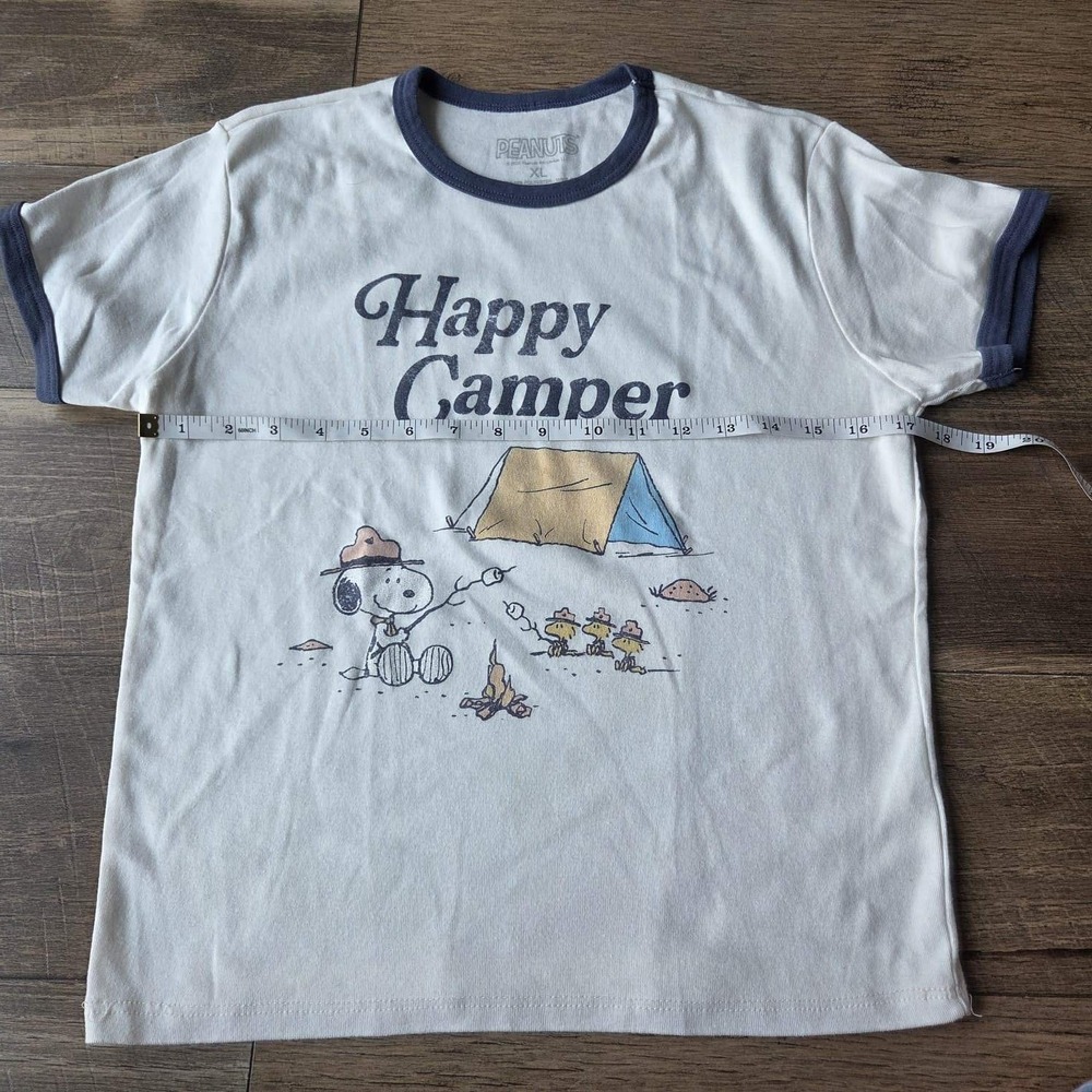 Peanuts Snoopy Happy Camper Ringer T-Shirt XL Cream Navy Blue Graphic Tee